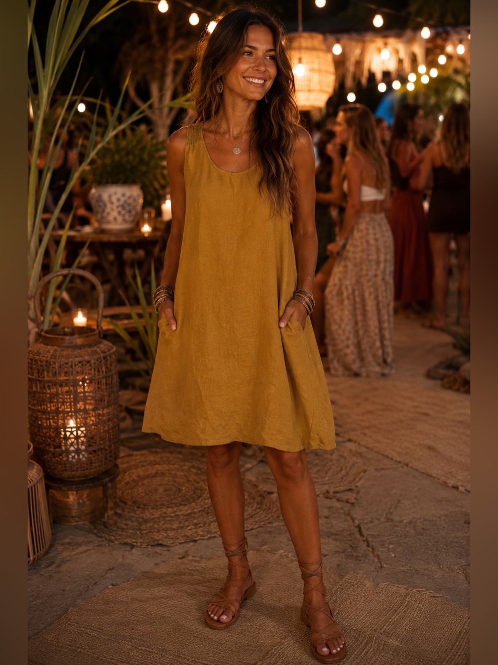 Tahari 100% Linen Shift Dress Mustard Yellow Sleeveless Pockets M Lagenlook Boho - Picture 10 of 10